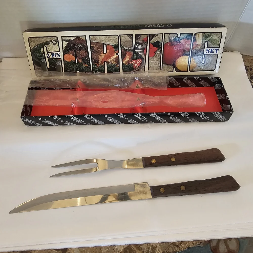 60's Rostfrei Wood Handle Meat Carving Knife & Fork Boxed Set Vintage MCM